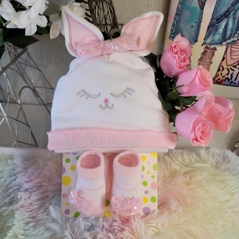 Little Me “My First Easter” Hat And Bootie Set 0-12 Mo. New With Tags Pink White - Picture 10 of 10